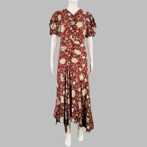 ULLA JOHNSON Size 4 Heleen Burgundy Multi Color Silk Floral Short Sleeve Dress - Picture 1 of 7